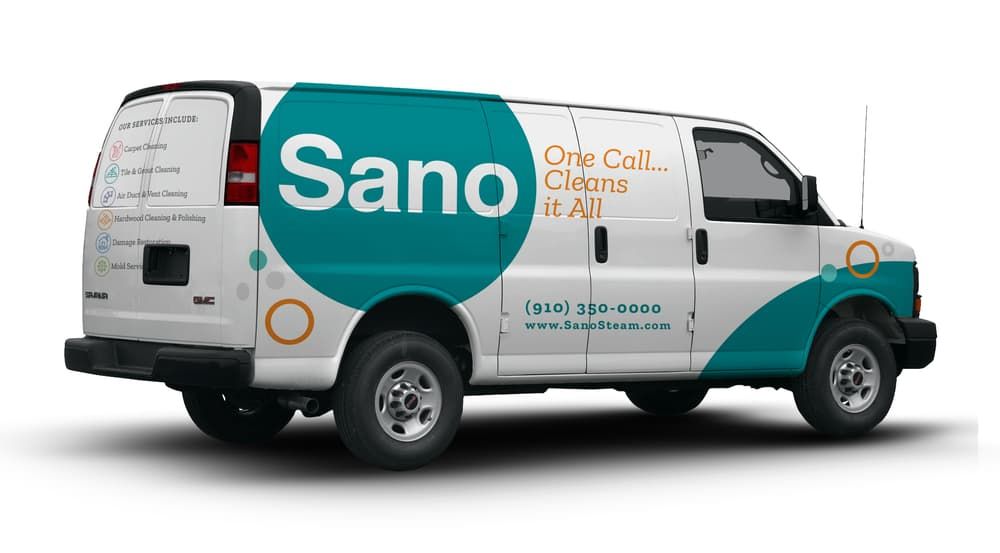 Sano Steam branded service van rear quarter view with full vehicle wrap in teal and orange